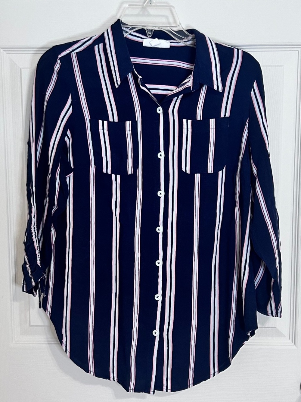 Westport Blue White and Pink Vertical Striped Button Down Top Size S